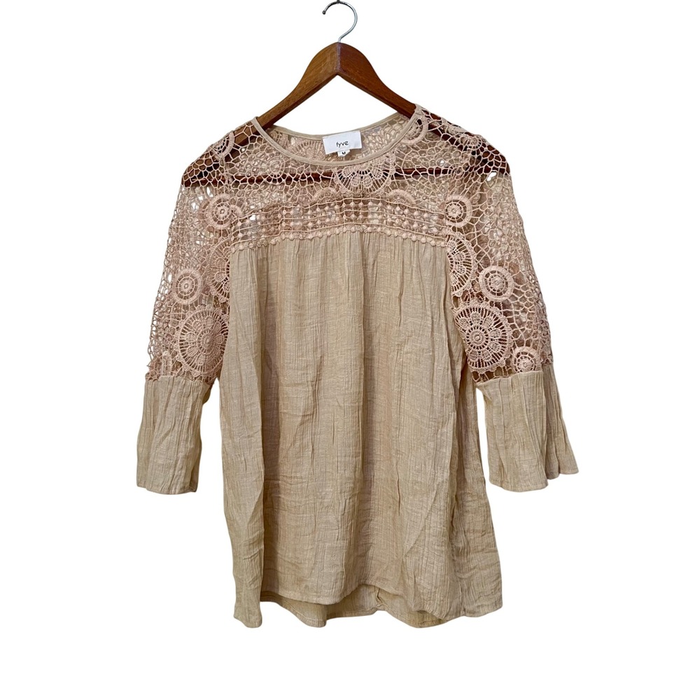 Fyve Beige Crinkle Gauze Blouse Floral Crochet Lace Bell Sleeve M Boho Peasant